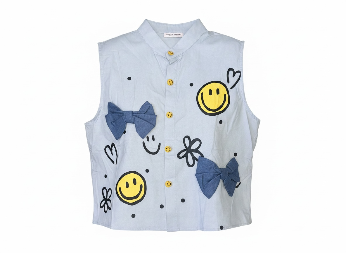 Polo Sleeveless Hanging Top with Smiley Buttons -POWDER BLUE