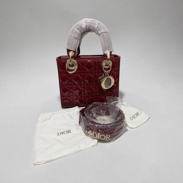 Lady D Burgundy Patent Cannage Lambskin – Gold‑Tone Hardware