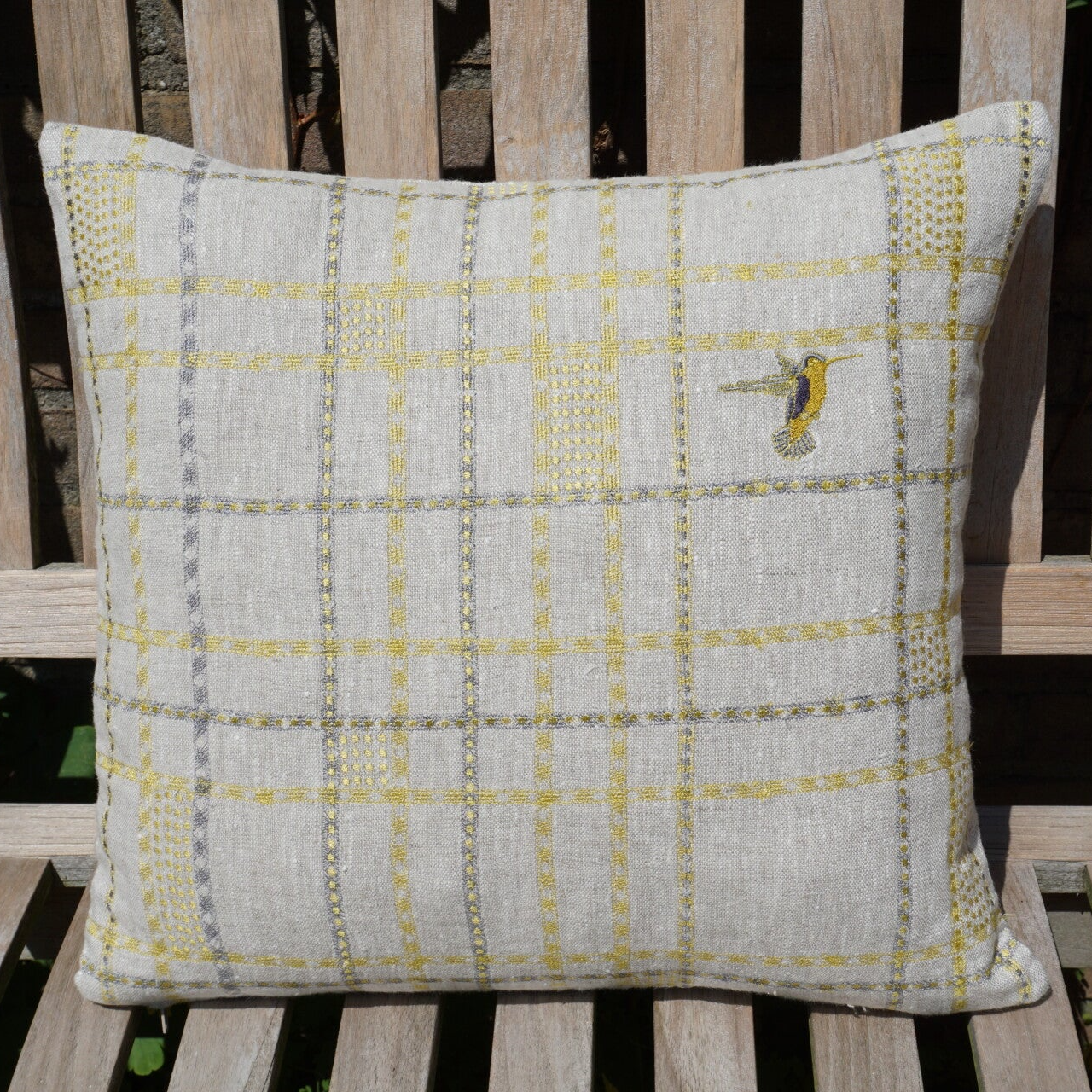 Linnen kussen geel/grijs met vogeltje