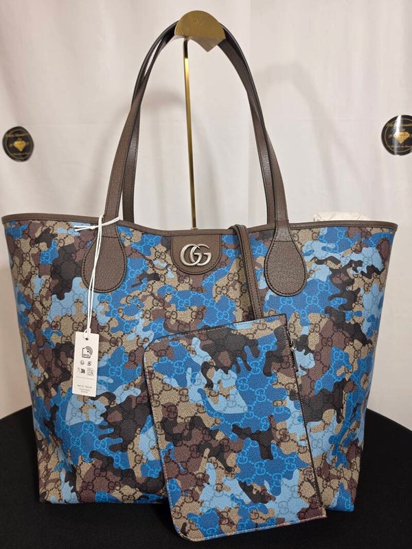 Gucci GG Supreme Camouflage Large Tote Bag mit abnehmbarer Pochette – Blue Camouflage – Full Set – 10/10