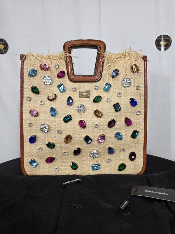Dolce & Gabbana BEATRICE Crystal Shopper – Stroh & Leder – Multicolor Kristalle – 8,5/10