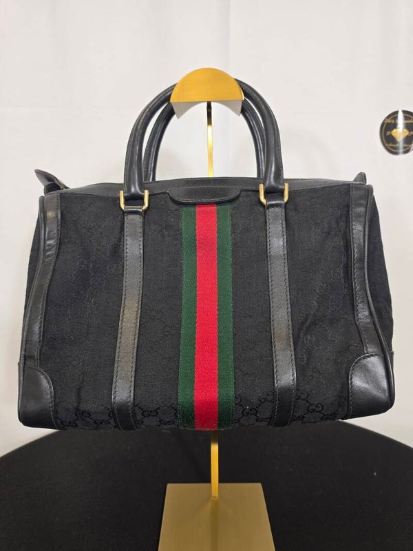 Gucci Vintage GG Canvas Web Boston Bag – Schwarz – ca. 1970er Jahre – 8/10