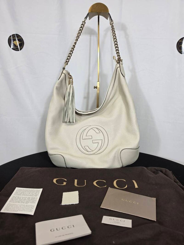 Gucci Soho Large Chain Hobo Bag – Weiß / Ivory – genarbtes Kalbsleder – 8,5/10