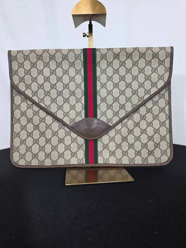 GUCCI VINTAGE GG MONOGRAM DOKUMENTENMAPPE / PORTFOLIO CLUTCH – WEB STRIPE – 10/10