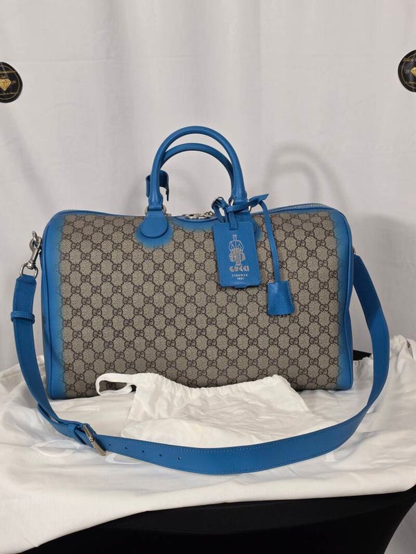 Gucci Savoy Medium Duffle Bag – GG Supreme Beige/Blau – Neu & unbenutzt – 10/10