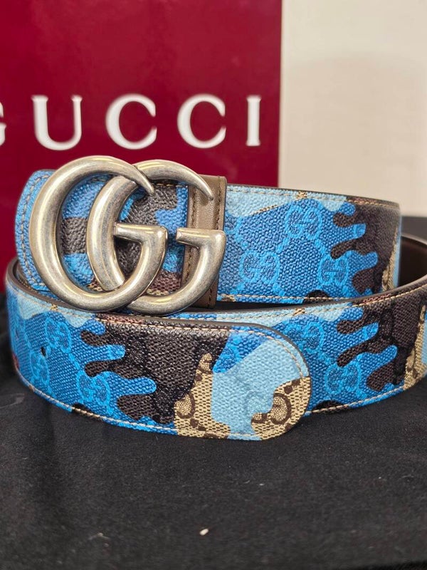 GUCCI GG CAMOUFLAGE GÜRTEL – BLUE CAMO CANVAS – DOUBLE-G-SCHNALLE – GRÖSSE 100 – NEU & UNGETRAGEN – FULL SET