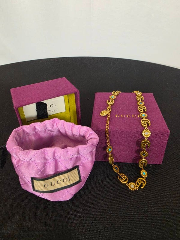GUCCI DOUBLE G FLOWER COLLIER / CHOKER – GÄNSEBLÜMCHEN & TIGERKOPF – GOLDFARBEN – GRÖSSE S – FULL SET
