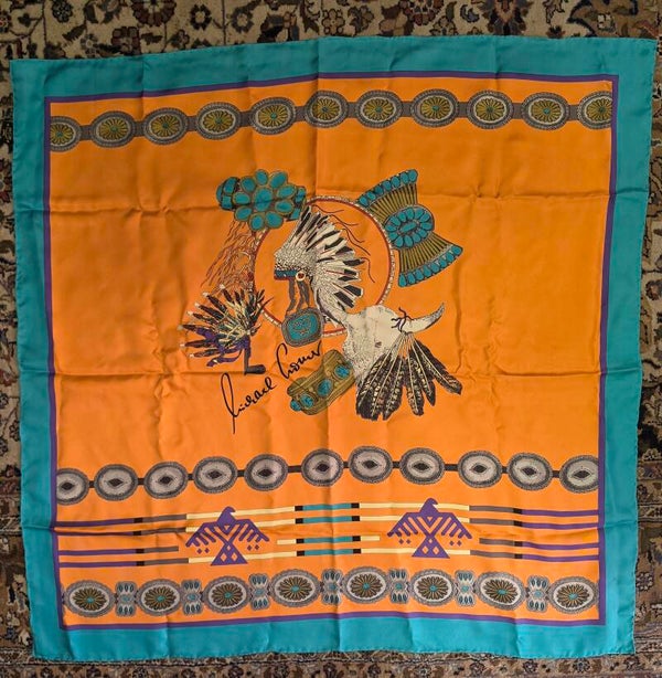 MCM Vintage Seidentuch – Michael-Cromer-Ära – Türkis, Orange & Violett – 85 × 85 cm – 10/10