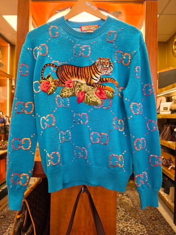 Gucci Tiger & GG Jacquard Wollpullover – Türkisblau – Frühjahr/Sommer 2022 – Größe S – 10/10