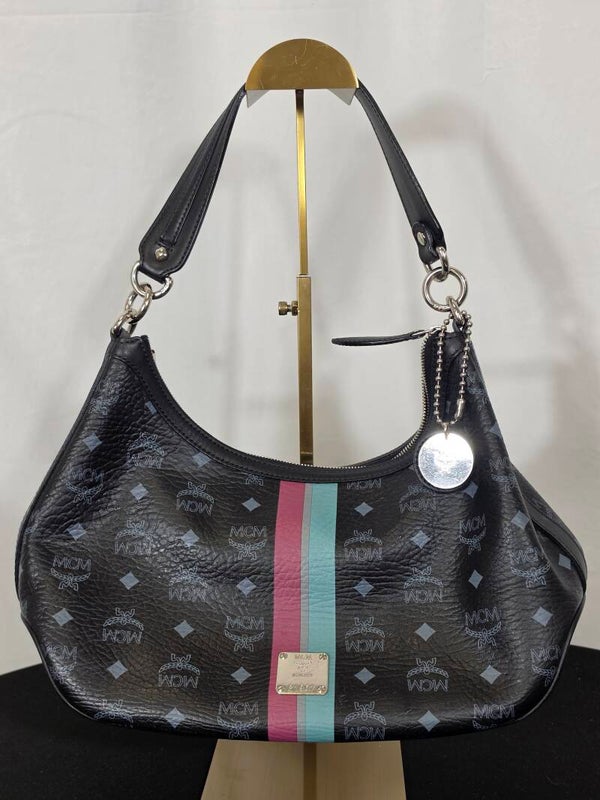 MCM Vintage Hobo Bag – Schwarzes Visetos & Leder – Rosa-Türkisfarbener Streifen – 9,5/10