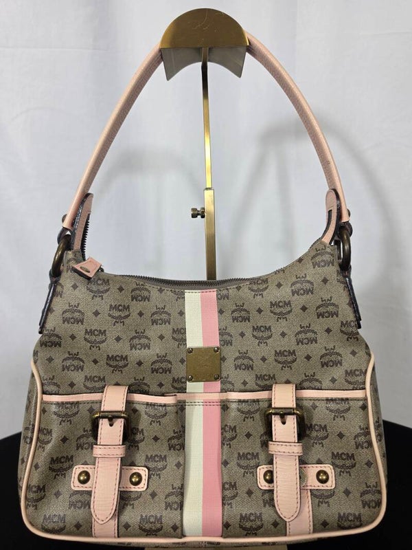 MCM Glamour 5th Anniversary Limited Edition 2006 – Vintage Visetos Schultertasche mit rosafarbenen Lederdetails – 9/10