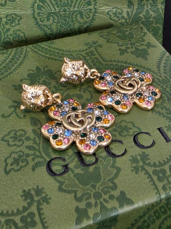 Gucci Tiger Head Flower Drop Ohrringe – Multicolor-Kristalle & Interlocking GG – 10/10