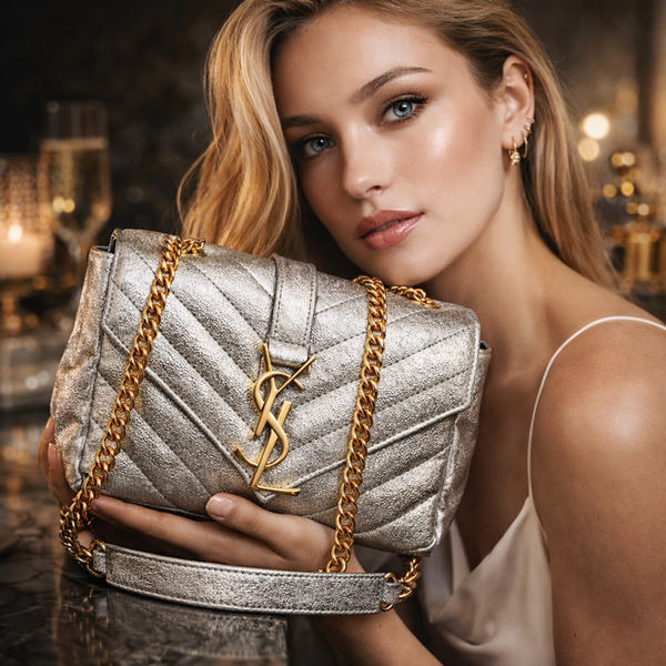 ❤Saint Laurent YSL Mini Envelope Bag Metallic Silber Leder