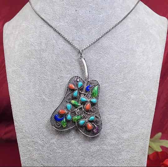 ❤Antiker großer 935er Silber Anhänger Türkis und Emaille