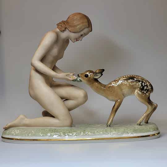 ❤Antike Hutschenreuther Art Deco Porzellanfigur Nackte mit Reh