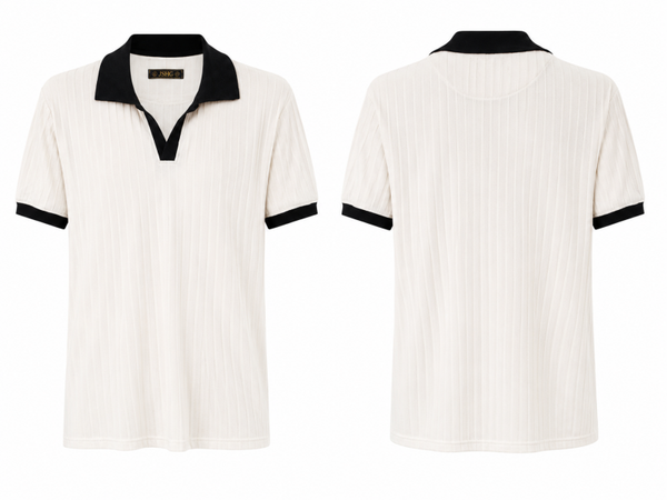 Camiseta Polo de Punto Hombre Blanca con Cuello Negro-MARIO