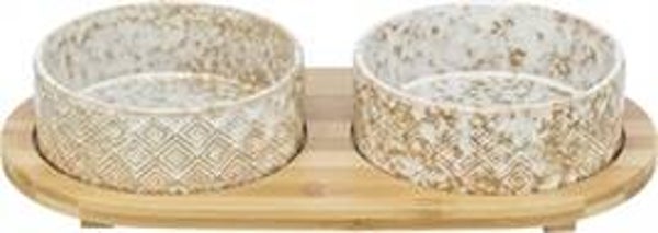 TRIXIE SET VOERBAK / WATERBAK KERAMIEK / BAMBOE WIT / NATUUR 2X800 ML 39X8X20 CM