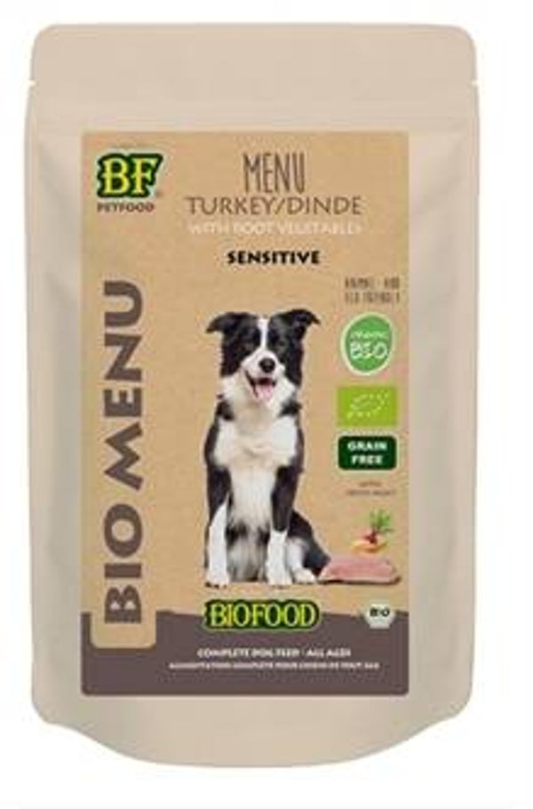 BF PETFOOD ORGANIC HOND KALKOEN MENU POUCH 15X150 GR