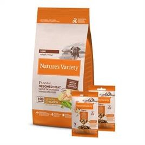 NATURES VARIETY ADULT MINI CHICKEN GRAANVRIJ + 2 FREEZE DRIED TOPPERS 1,5 KG + 2X120 GR