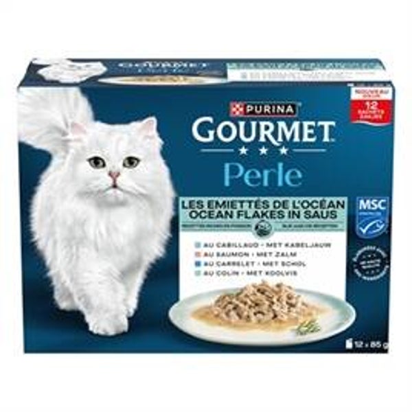 GOURMET PERLE OCEAN FLAKES IN SAUS KABELJAUW / ZALM / SCHOL / KOOLVIS 12X85 GR