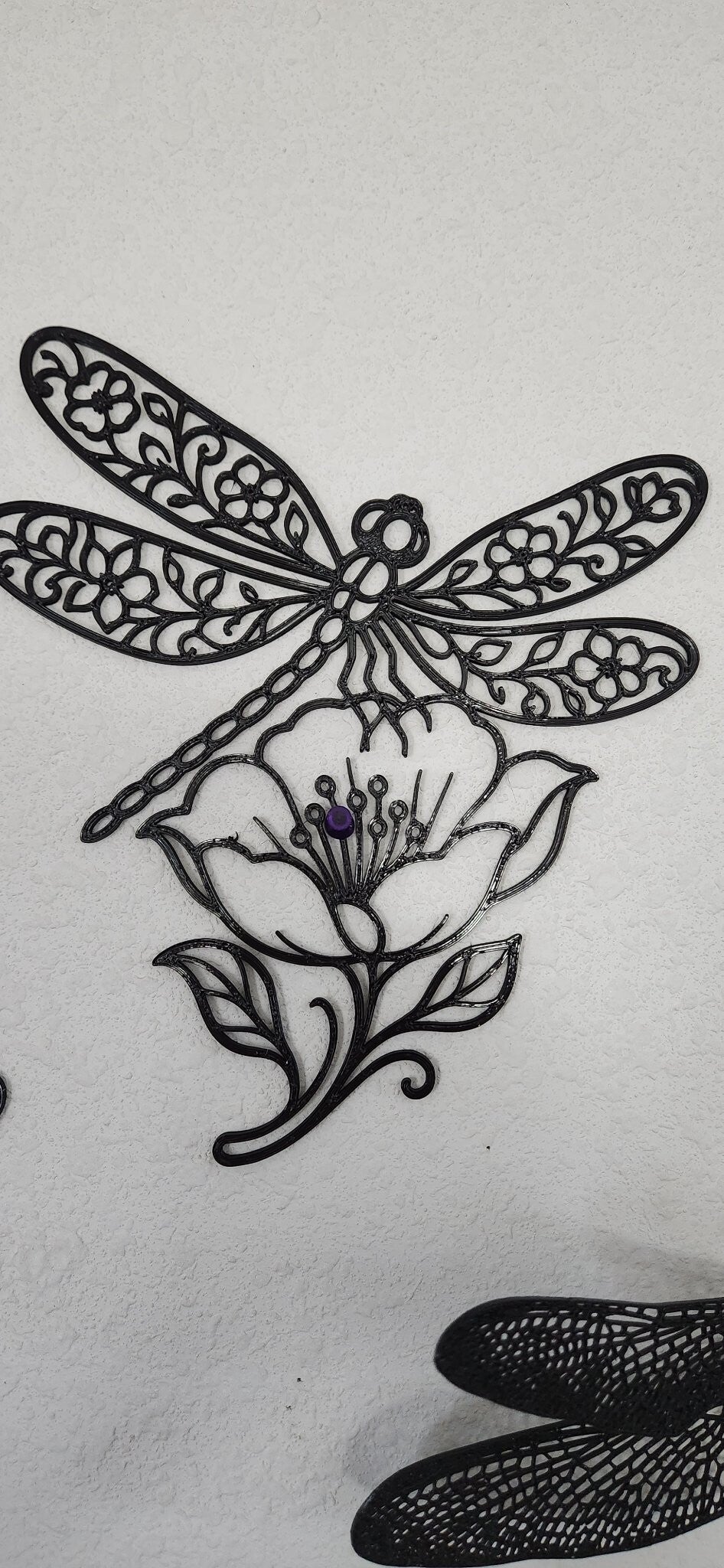 3D Printed Dragonfly on Flower Wall Art - 9 inch - Black