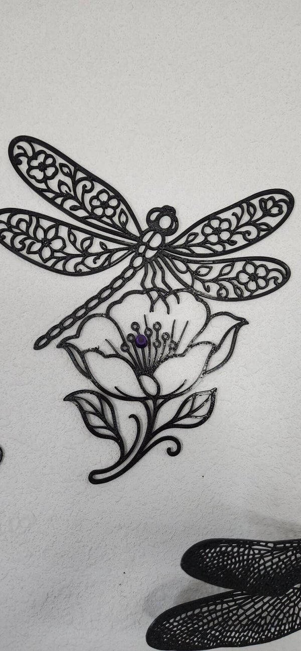 3D Printed Dragonfly on Flower Wall Art - 9 inch - Black