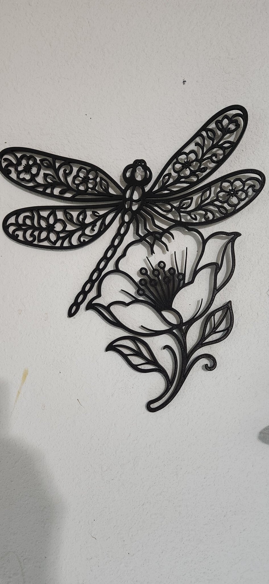 3D Printed Dragonfly with Flower Wall Art - Black - 14 x 12 inch