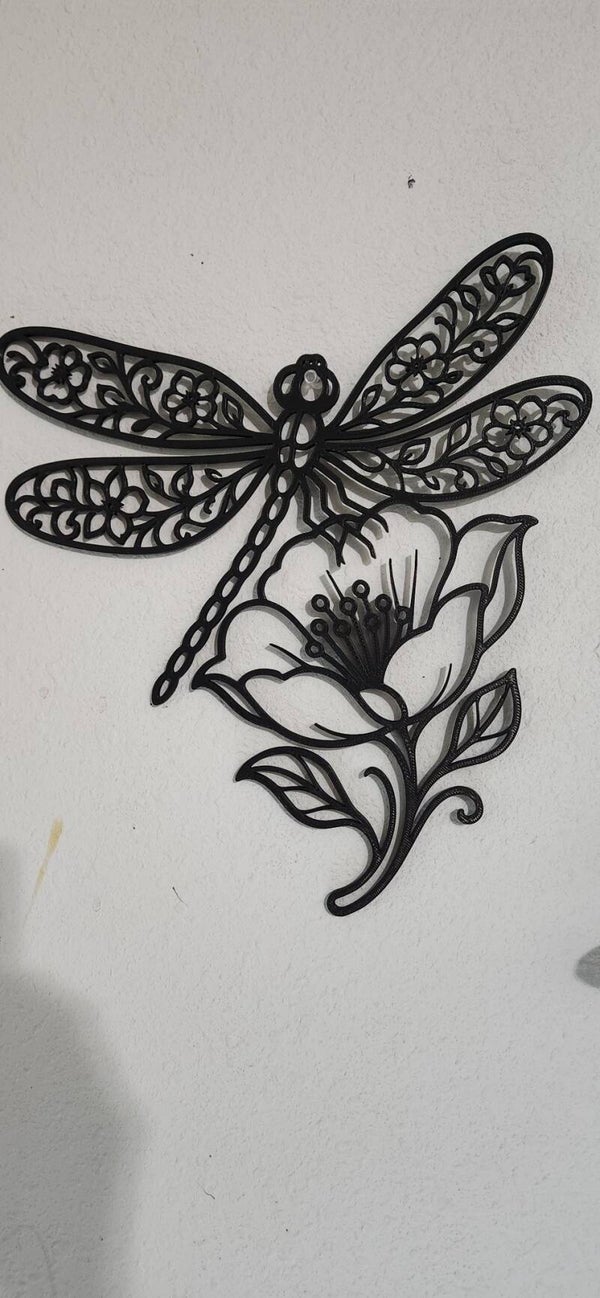 3D Printed Dragonfly with Flower Wall Art - Black - 14 x 12 inch