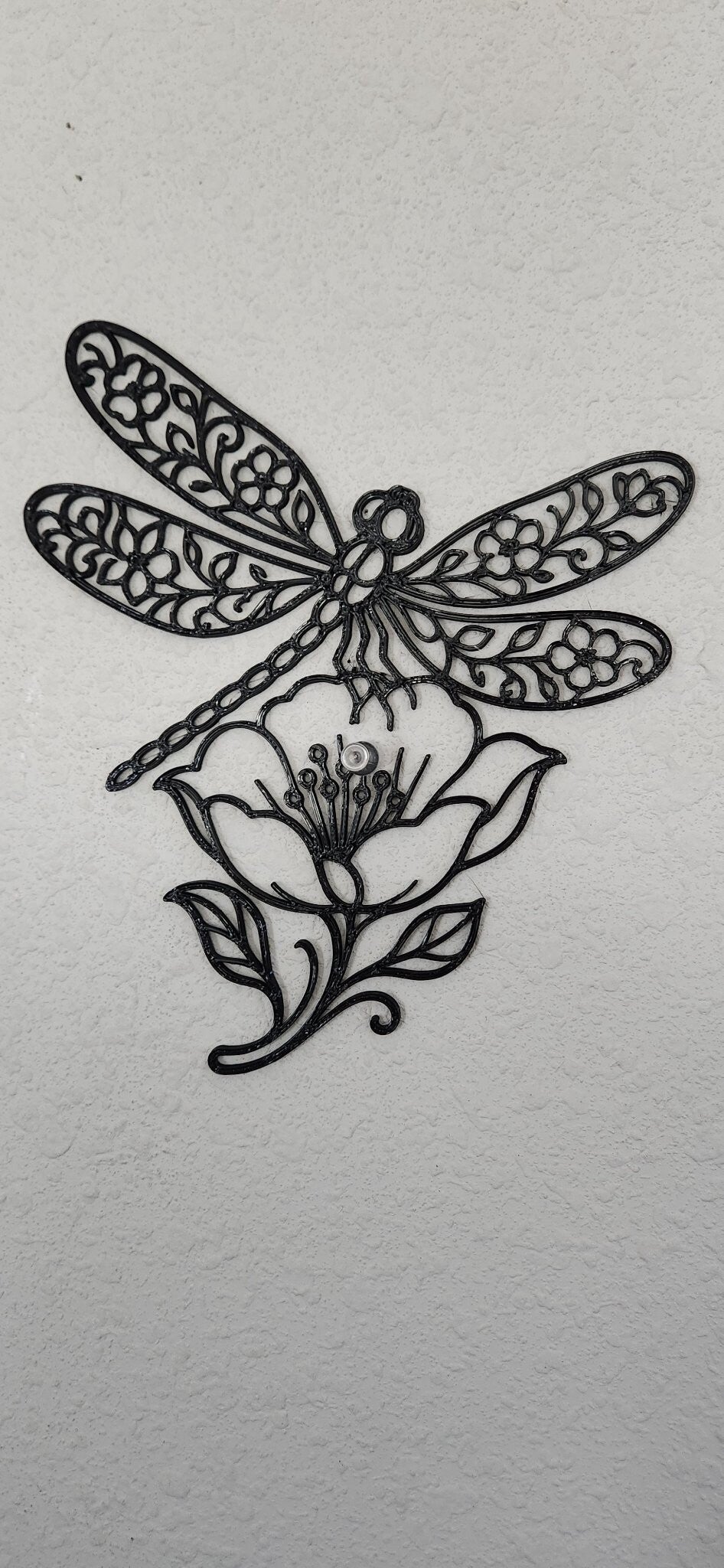 3D Printed Dragonfly on Flower Wall Art - 7 inch - Black