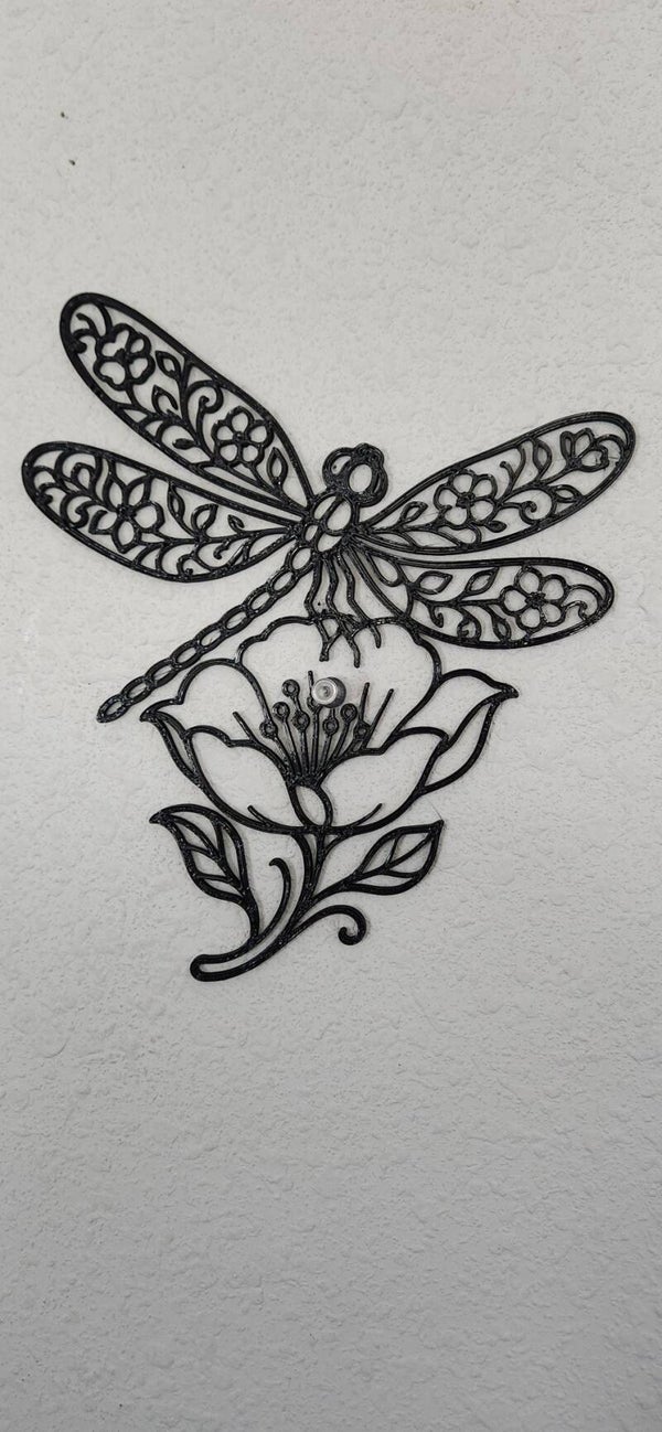 3D Printed Dragonfly on Flower Wall Art - 7 inch - Black