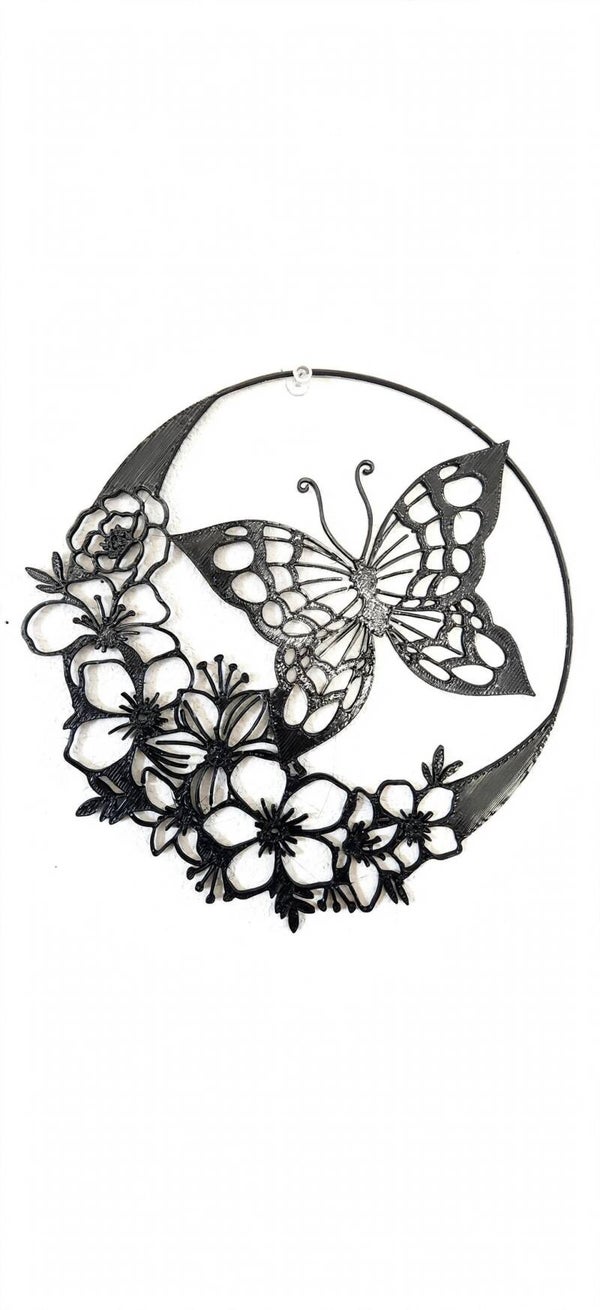 3D Printed Butterfly with Flowers Wall Art - 8 Inch Round