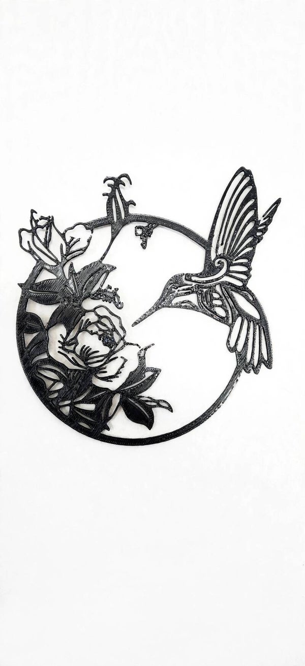 3D Printed Hummingbird with Flower Wall Art - 7 x 7 Inch