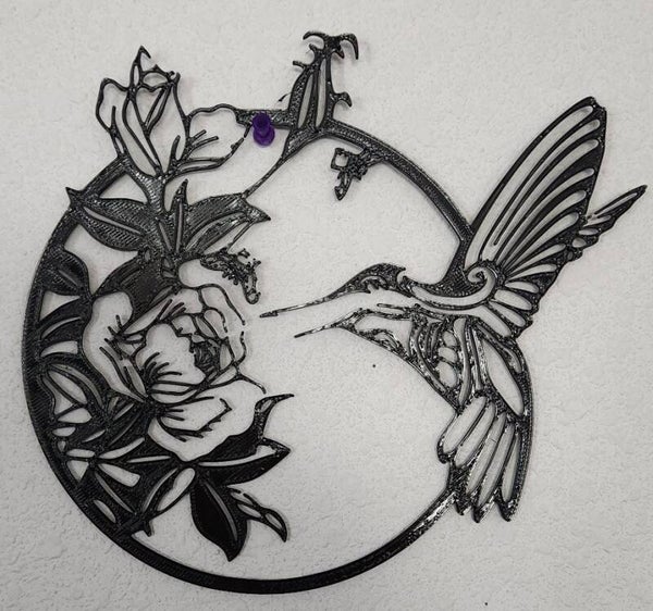 3D Printed Hummingbird with Flowers Wall Art - 9 Inch Round