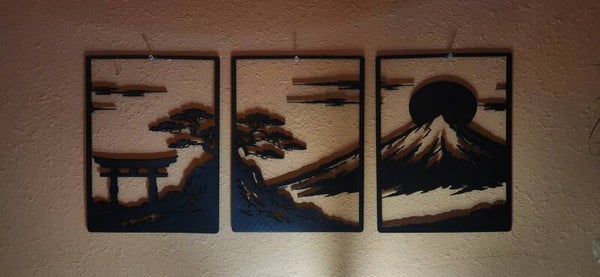 3D Printed Japanese Wall Art Set of 3 Panels - Torii Gate, Pine Tree, Mt Fuji
