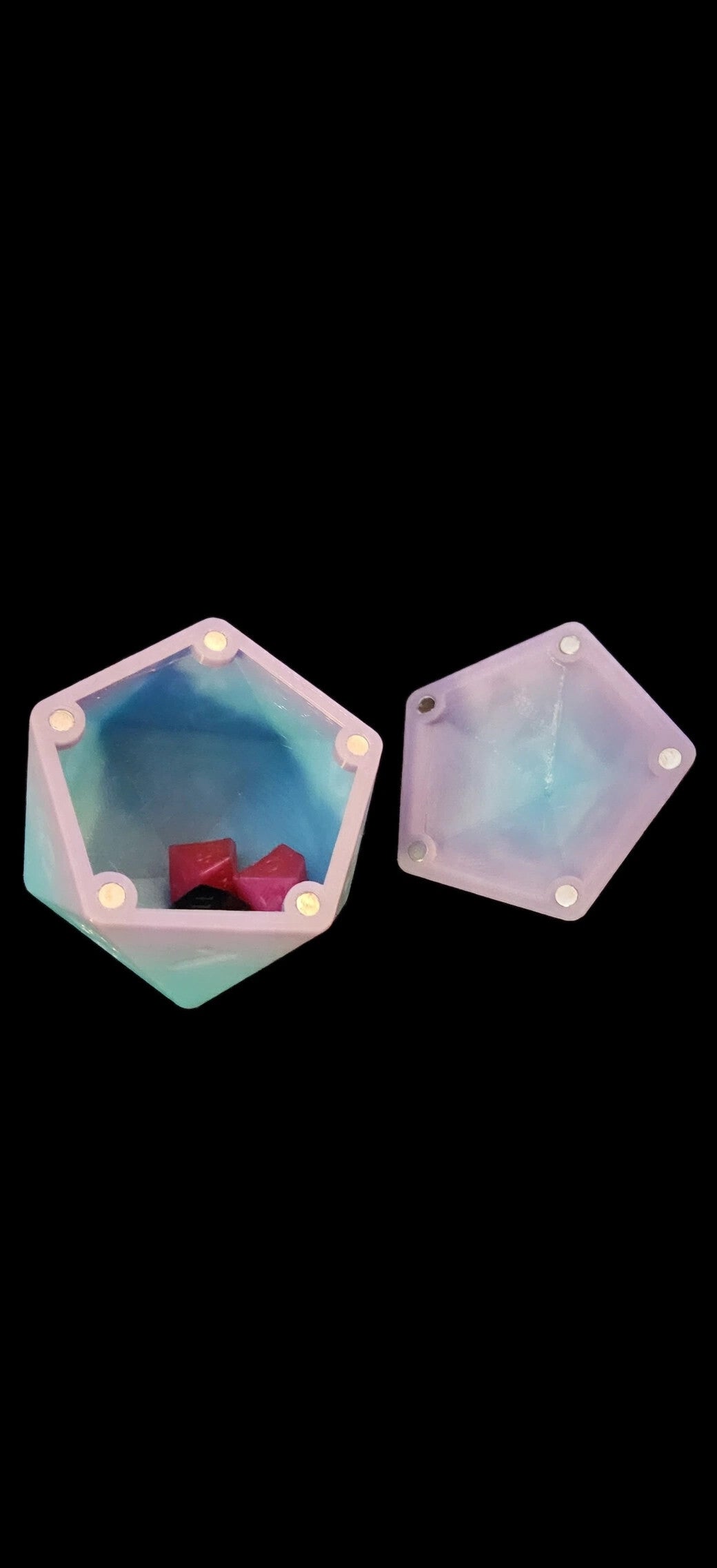 3D Printed D20 Dice Storage Box with Magnetic Lid - Pastel Rainbow