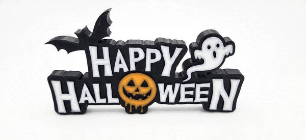 Happy Halloween sign with bat ghost and pumpkin