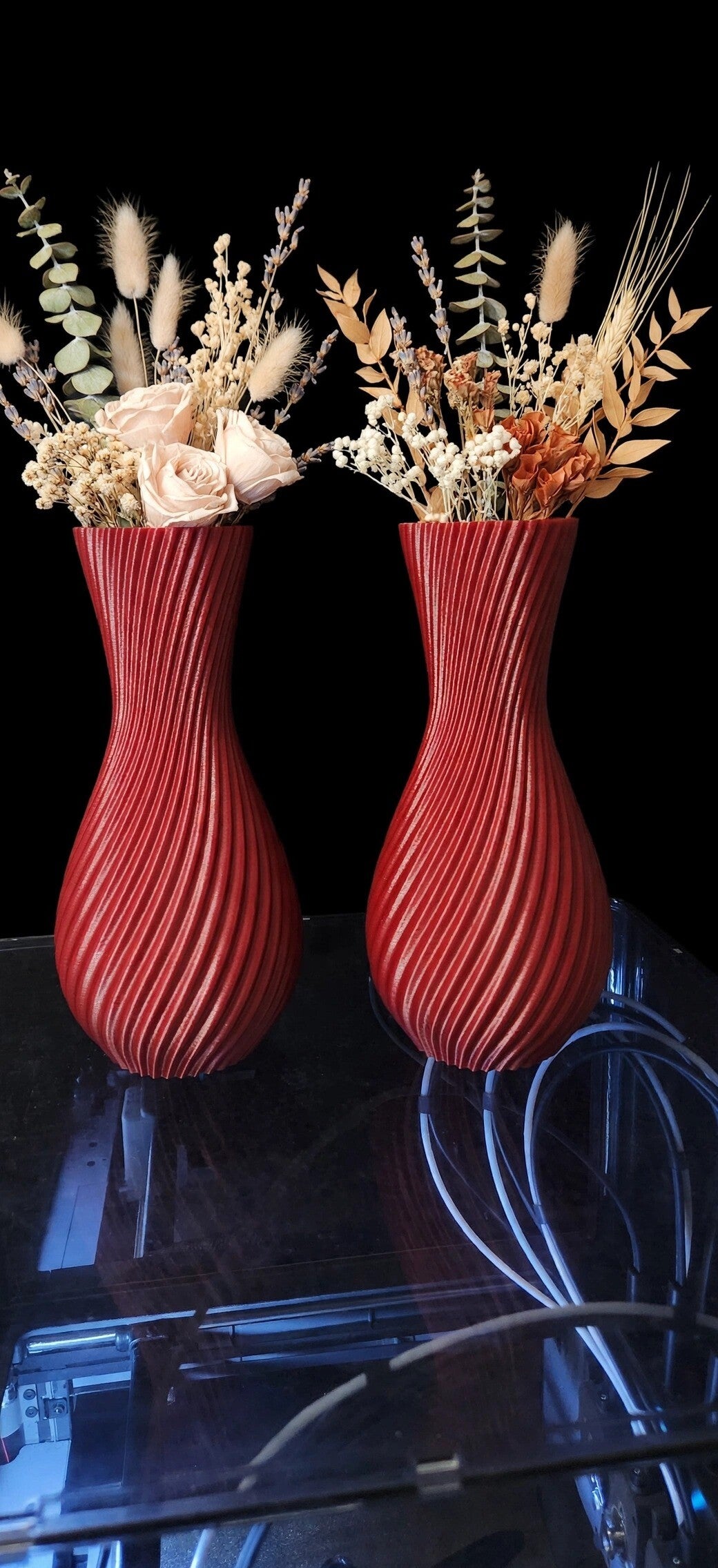 3D Printed Twisted Vases - Set of 2 - Red - 10 inch