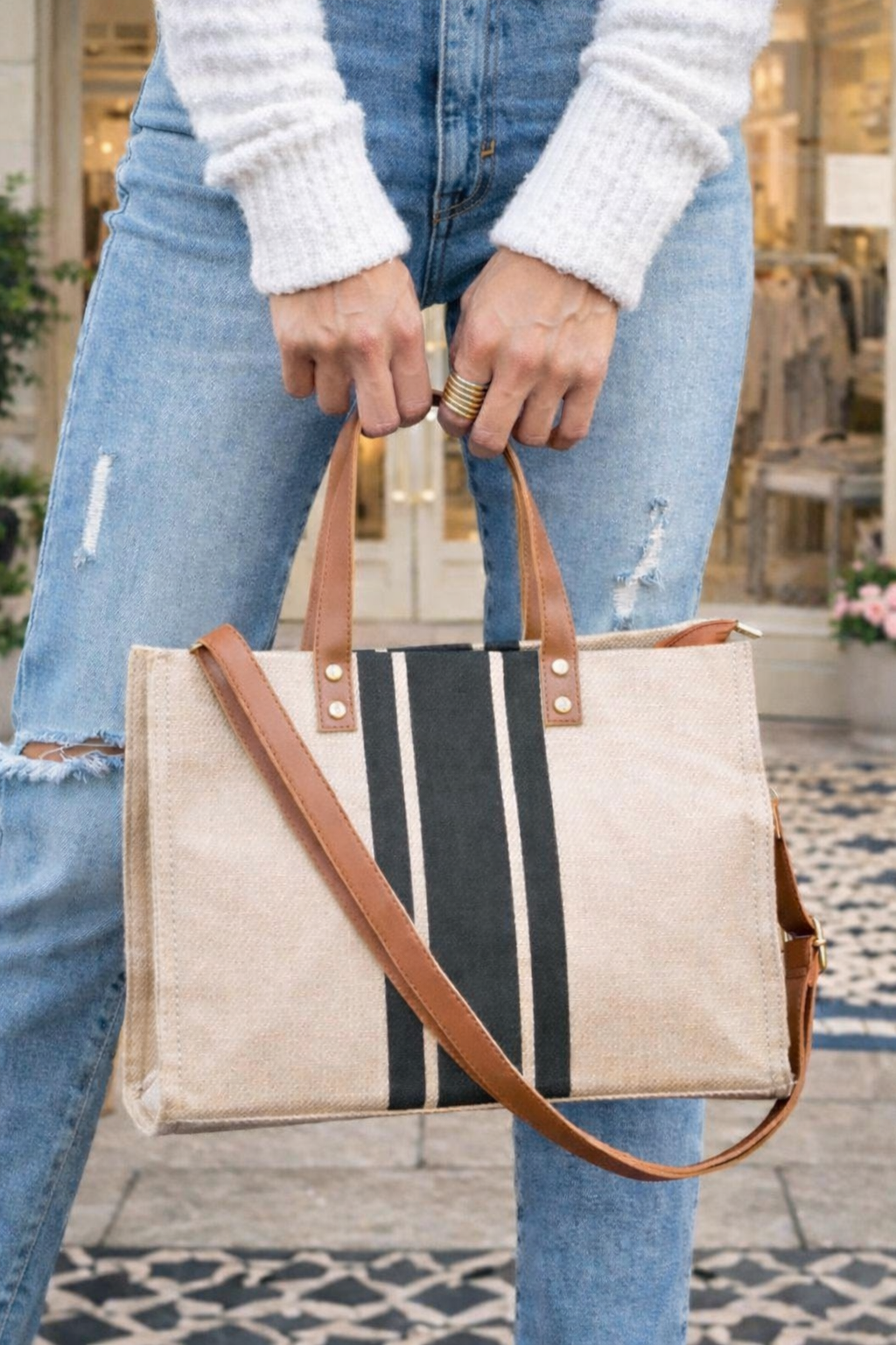 Midnight Stripe Canvas Tote Crossbody Bag