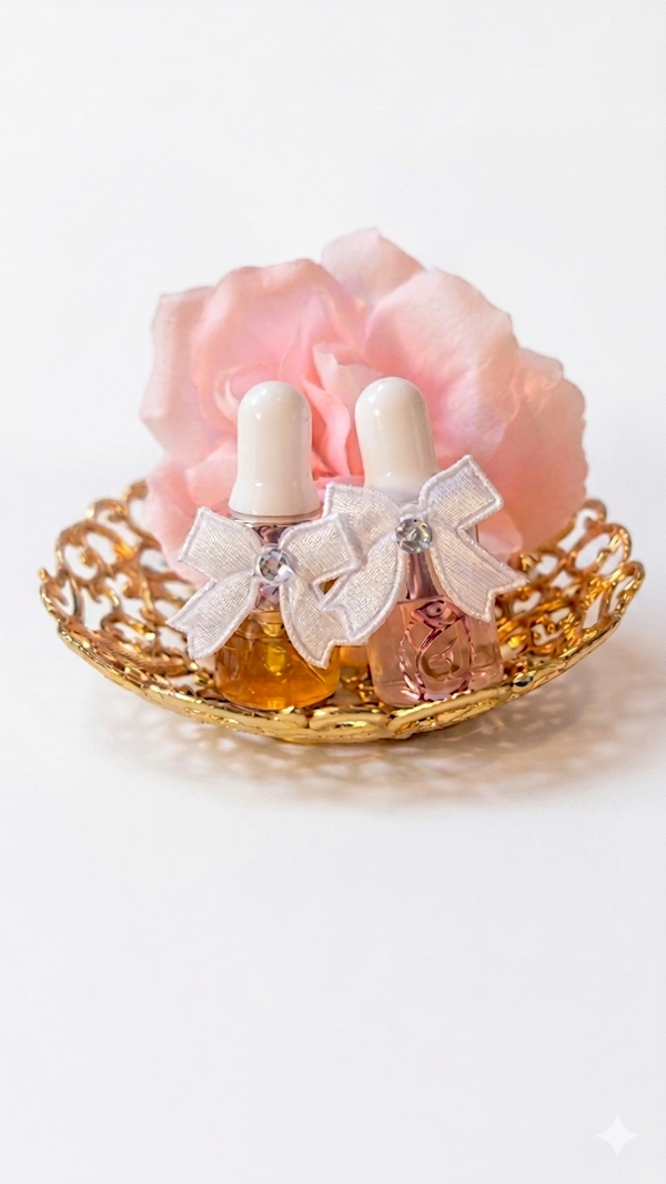 Schaaltje met bloem, roqya olie en rozenwater