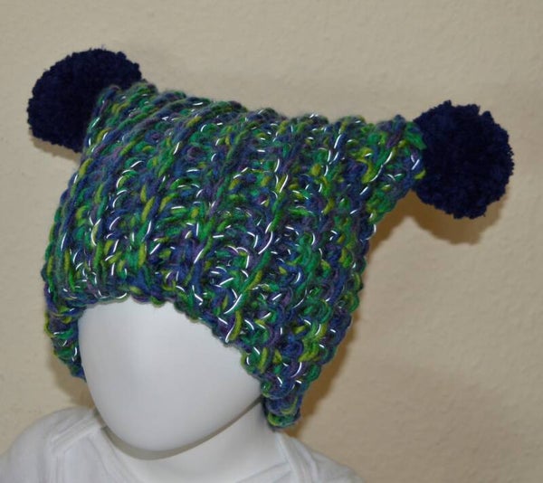 Mütze Häkelmütze eckig Reflektor  KU 45-49 *grün bunt blau Reflektor*