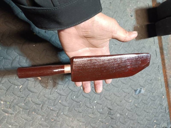 Small Hmong knife with stain cherry redwood / golden brown handle with matching sheath