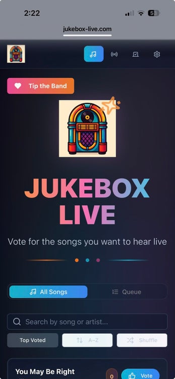 Jukebox Live audience song voting screen