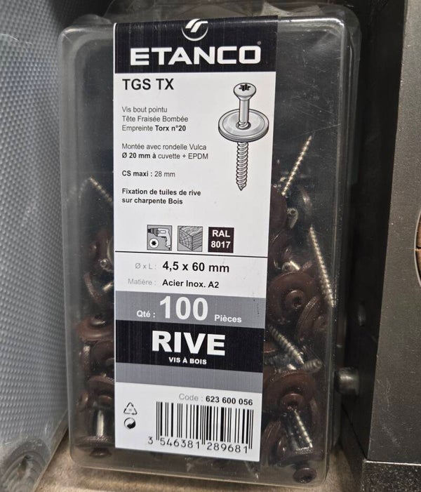 Vis bois inox pour tuile de rive - TGS Torx - Brun chocolat RAL8017 - 4,5 MM x 60,0 MM - Boîte de 10