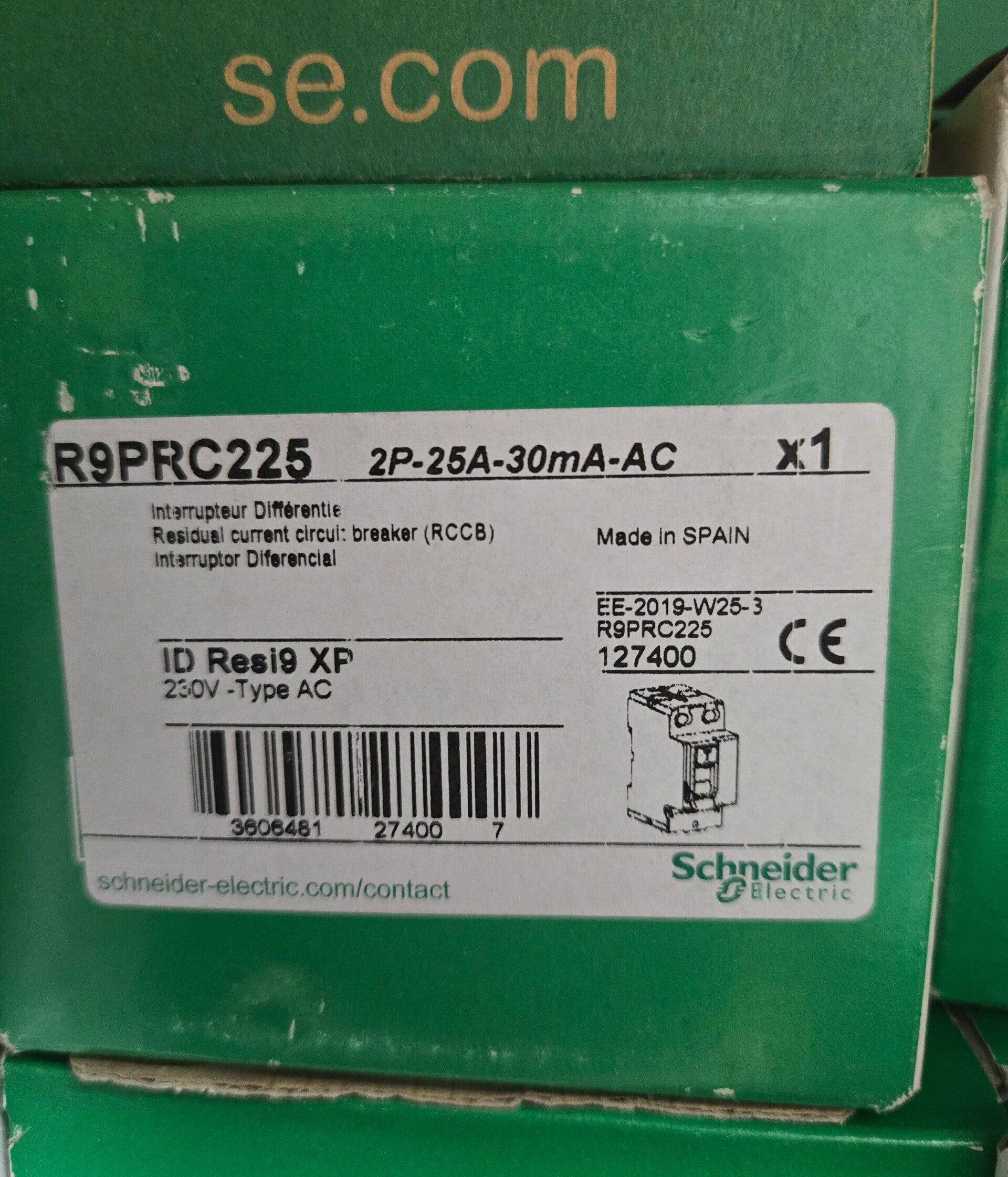 Schneider - Resi9 XP - inter différentiel - 2P - 25A - 30mA - Type AC - peignable - alim bas - Réf : R9PRC225
