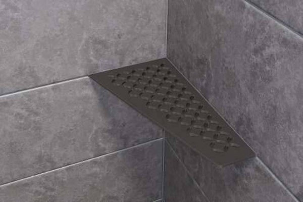 Tablette d'angle rectangulaire SCHLÜTER SHELF-E-S3 D5 - design Floral - en aluminium finition structurée gris anthracite L. 295 x l. 154 mm