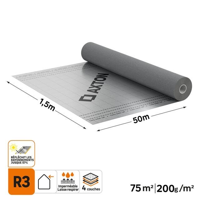 Ecran sous toiture gris métallisé 1,5 x 50 m, AXTON hpvr3 75m2