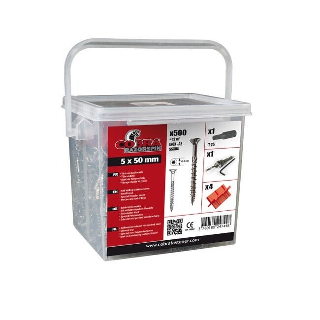 Seau de 500 vis INOX 1 foret, 1 embout et 4 espaceurs, L.0.14 x l.0.12 m lame de terrasse dalle bois et composite