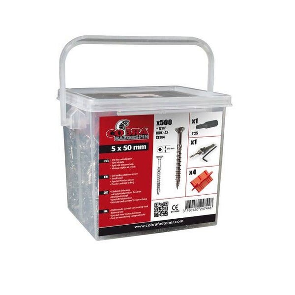 Seau de 500 vis INOX 1 foret, 1 embout et 4 espaceurs, L.0.14 x l.0.12 m lame de terrasse dalle bois et composite