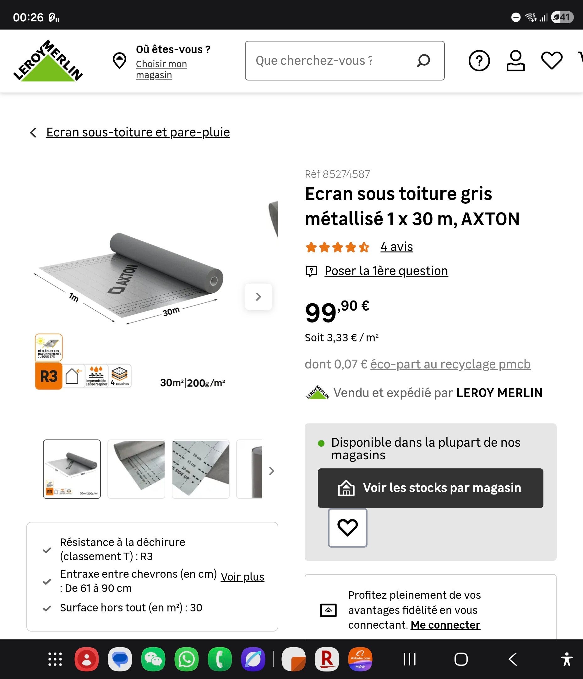 Ecran sous toiture gris métallisé 1 x 30 m, AXTON