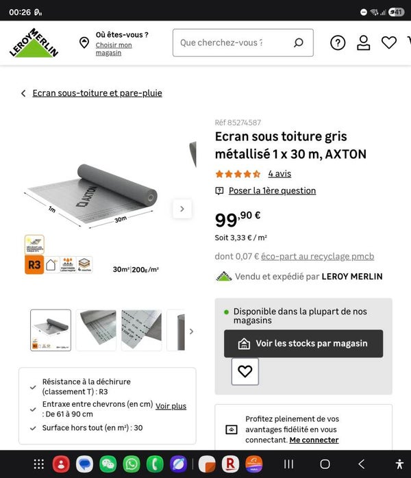 Ecran sous toiture gris métallisé 1 x 30 m, AXTON